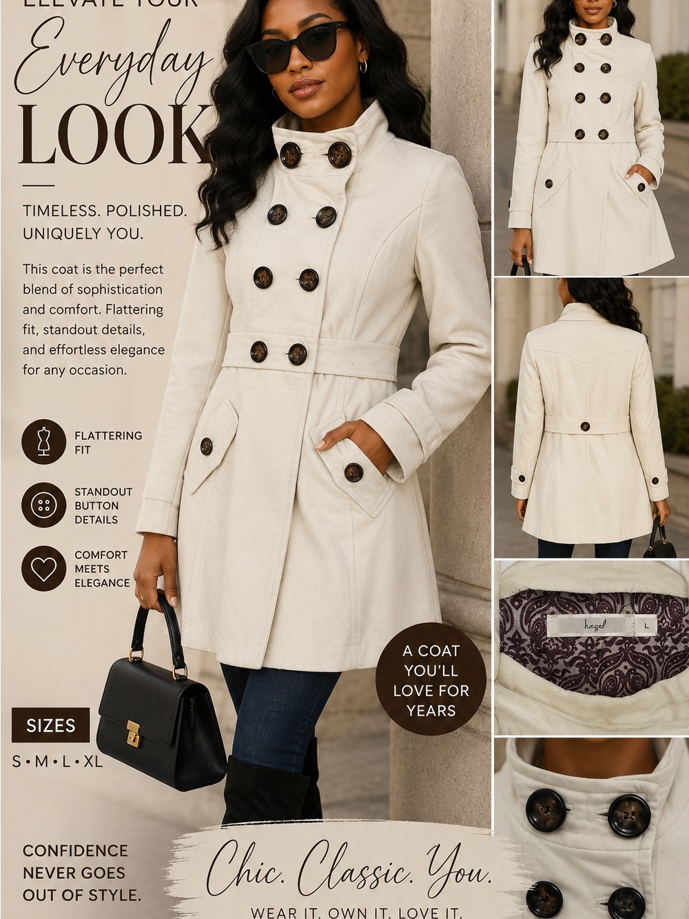 hazel Cream Double-Breasted Trench Coat with Dark Buttons